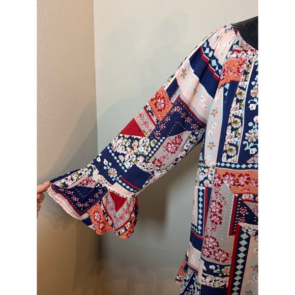 Aura Blue Peasant Patchwork Boho Top Flowy with Ruffle Sleeves Size Small - Picture 6 of 6